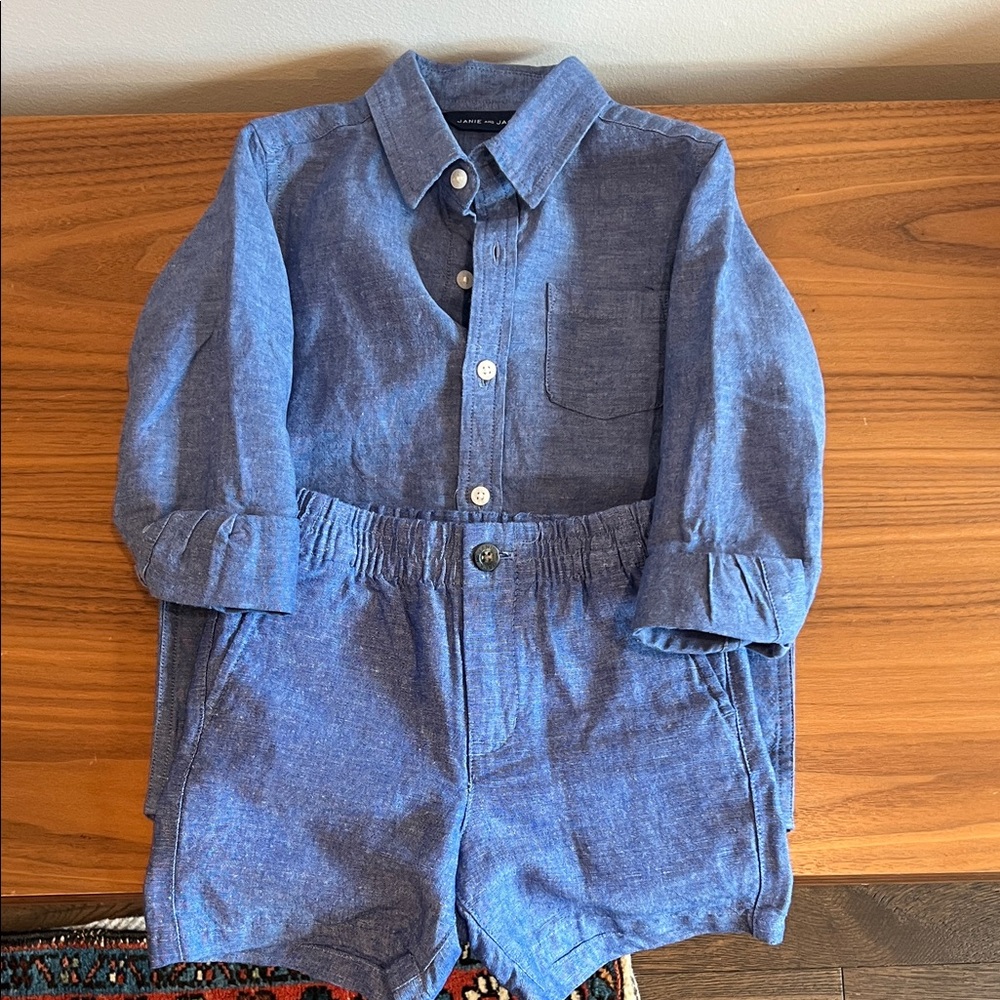 Janie and Jack Linen Blue Shorts and Shirt Set